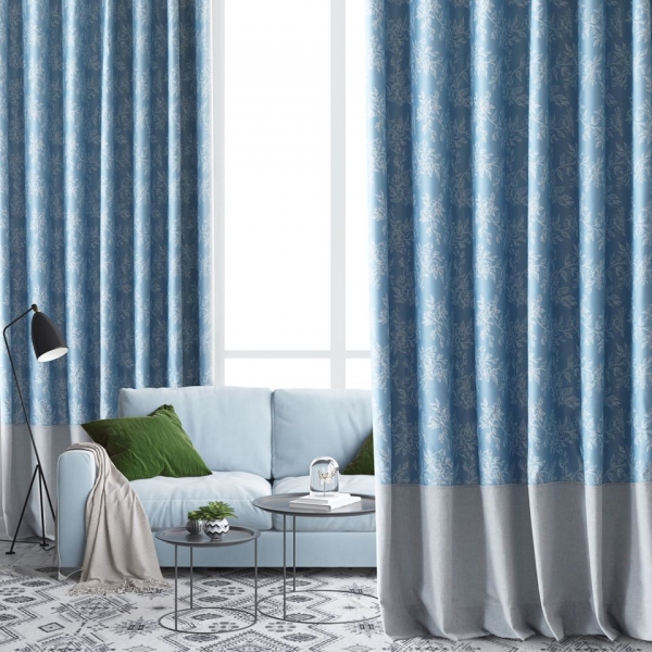 Phong cách mới: Rèm cửa màu xanh hoạ tiết hoa màu trắng